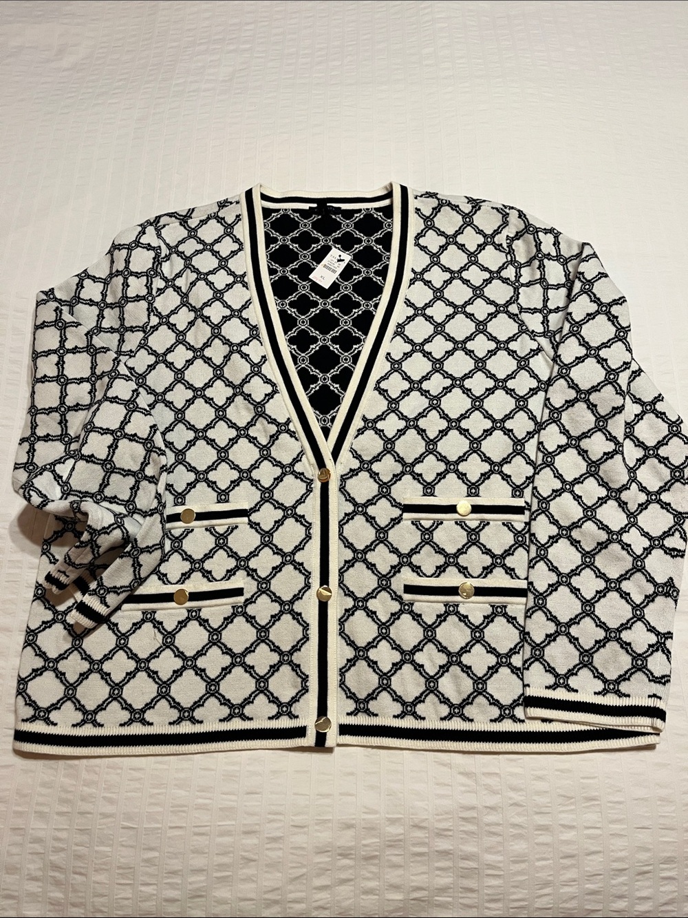 Talbots Black and White Geometric Knit Cardigan with Cream Trim XL